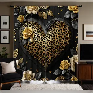 2pcs Dominant Style Black Curtains, Luxurious Leopard Print with Yellow Roses, Polyester Flannel Rod Pocket Curtains, Semi-Transparent Artistic Design, Machine Washable, Suitable for Living Room and Bedroom Decoration