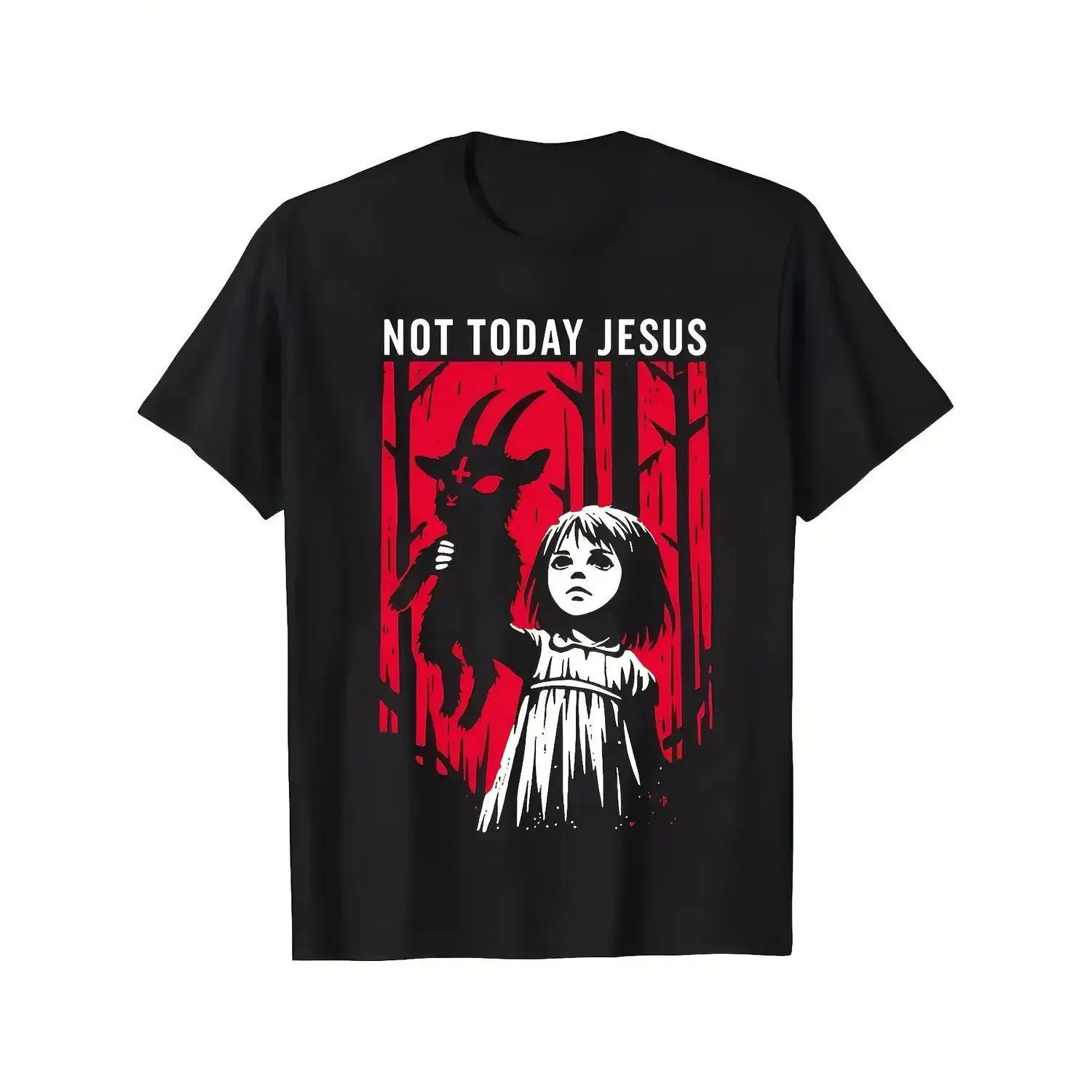 Gothic Unisex Cotton T-shirt with "Not Today Jesus" Baphomet Goat Design for Women and Men