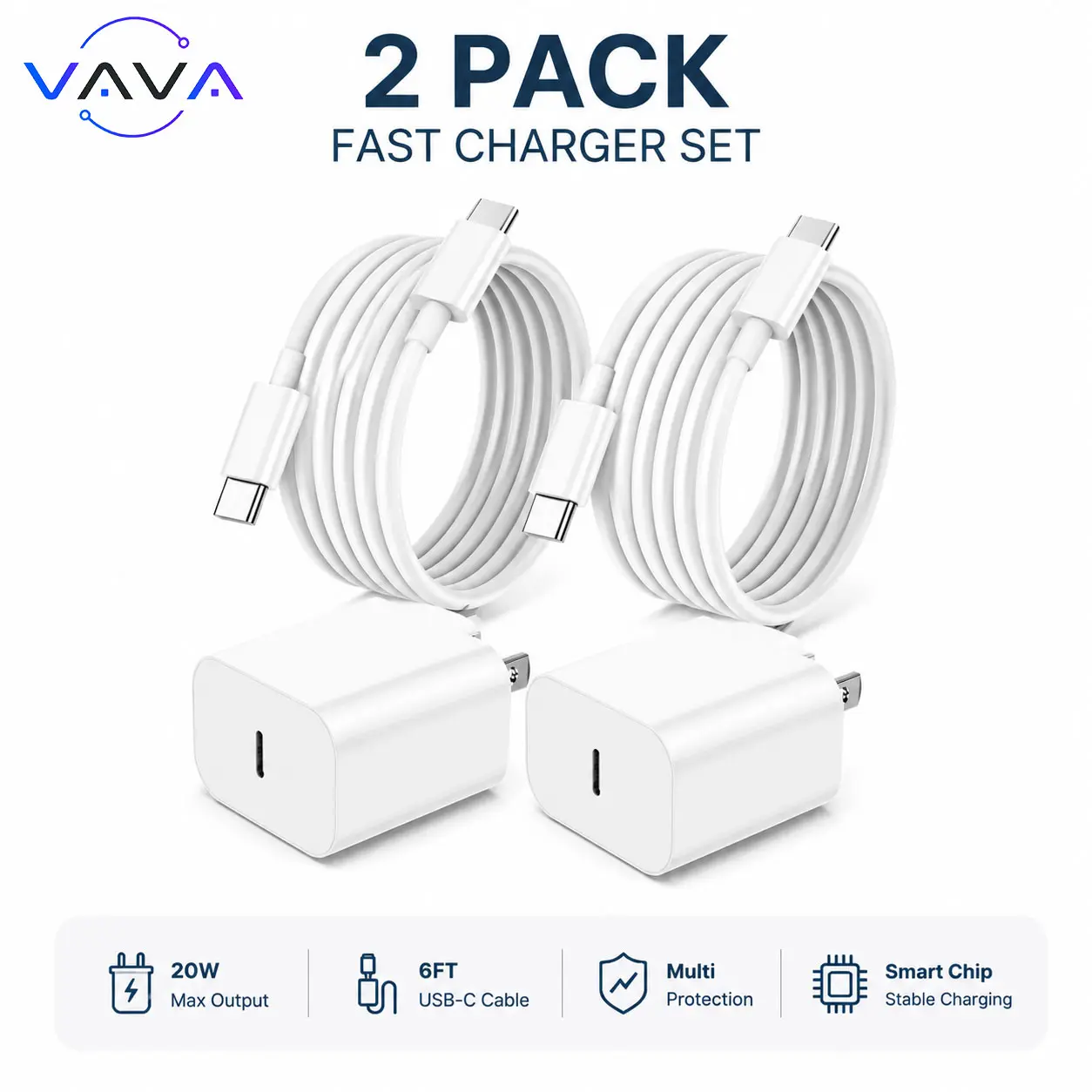 2-Pack 20W USB C Wall Charger Block with 6FT USB C to USB C Cable, PD Fast Charging Adapter Multi Ports Compatible with iPhone 17/16/15 Series, Samsung Galaxy S25/S24/S23/Ultra/Note, Pixel, iPad, AirPods and More USB C Devices