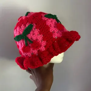 Cherry Grannysquare Crochet Bucket Hat - Custom Color Options Available, Soft Fabric, Colorful Design, Ideal for Warm Weather