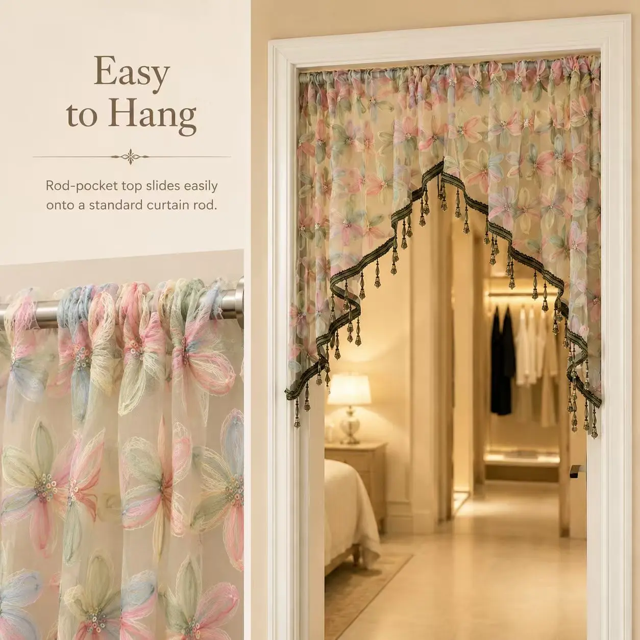 Wavy-Edged Floral Beaded Curtain | Perfect as a decorative room divider for doors and walk-in closets; ideal for entryways, bedrooms, dressing areas, and wedding decorations; a great gift for renters(Pole not included)