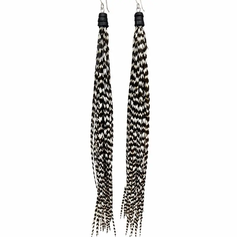Black White Grizzly Feather Earrings 8 Inch