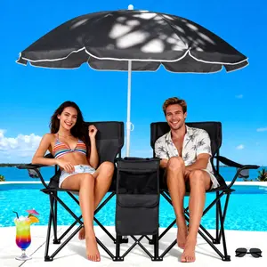 Double Camping Chair With Umbrella,Beach Canopy Shade Folding Loveseat Chairs Carrying Bag Table Cup Holder Portable Outdoor Picnic Patio Holder Side Pocket For Camp Tailgates Fishing - Support 330 Lbs (Coconut Tree)Fashion Fabric Oxford Fabric