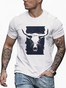 Wild West, Men's Western Bull Skull Graphic Tee - Casual Crew Neck, Short Sleeve, Breathable Polyester - Perfect for Summer