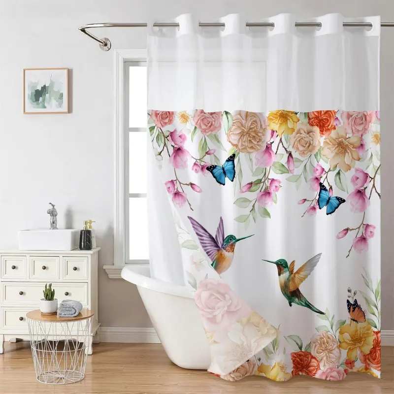 71x74in No-Hook Synthetic Shower Curtain with Snap-in Liner - Watercolor Floral Hummingbird & Butterfly Design, Light Fabric Liner, Easy Installation & Hanging, Bathtub & Window-Compatible, Machine Washable Large Bathroom Shower Curtain