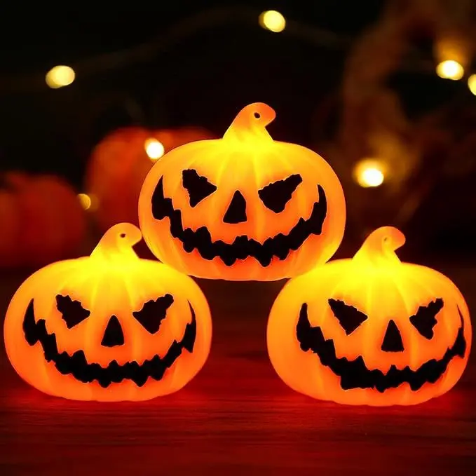 Halloween Pumpkin LED Lights 3 Pack Spooky Vintage Glow Scary-face Design Warm Yellow LED for Kitchen Window Party Setup Durable Reusable Compact Size Easy to Hang