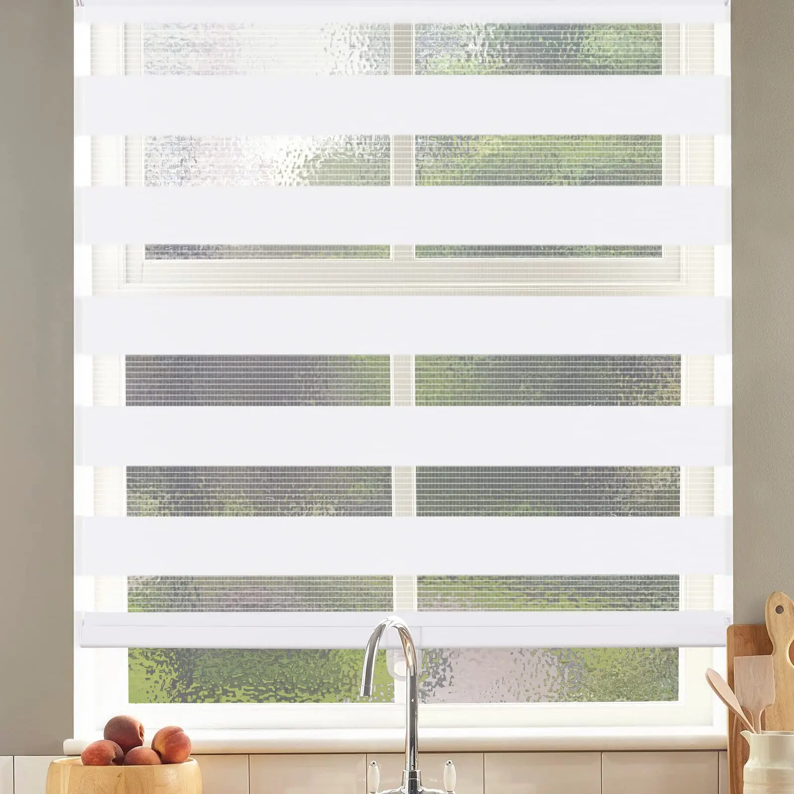 SEEYE Cordless Zebra Shades with Aluminum Rail, Double Layer Fabric Day-Night Window Blinds, Light Filtering & Room Darkening Control, Horizontal Interior Decoration Accessories for Bedroom, Dining Room, 20-43" W x 72" H, White/Black