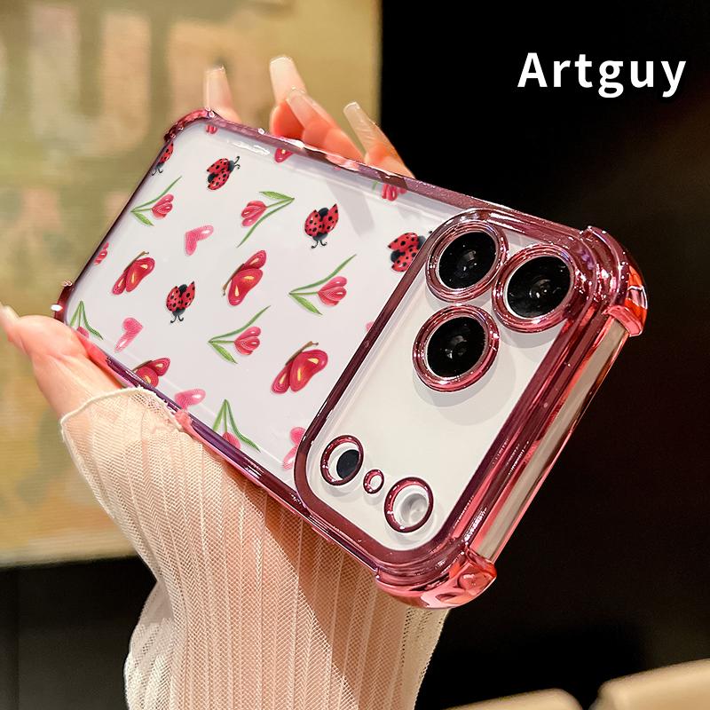 Ladybug Floral Dream Pattern Phone Case for iPhone 17 Pro Max 16 15 Plus Air 14 13 12 11 E Electroplated Cover with Airbag Shockproof Soft Silicone Casing