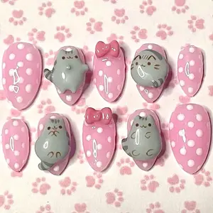 Kawaii Cat Press On Nails - Pink Polka Dot, 3D Kitty & Bow Cute Nail Set for Harajuku Y2K Style
