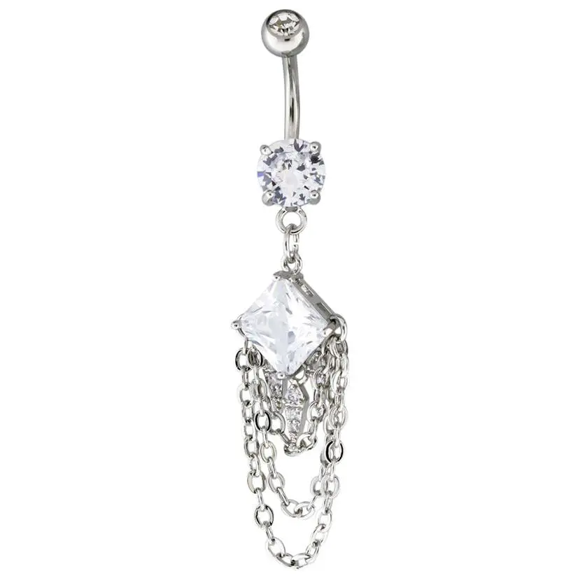 Square CZ Dangle Chain Belly Button Ring