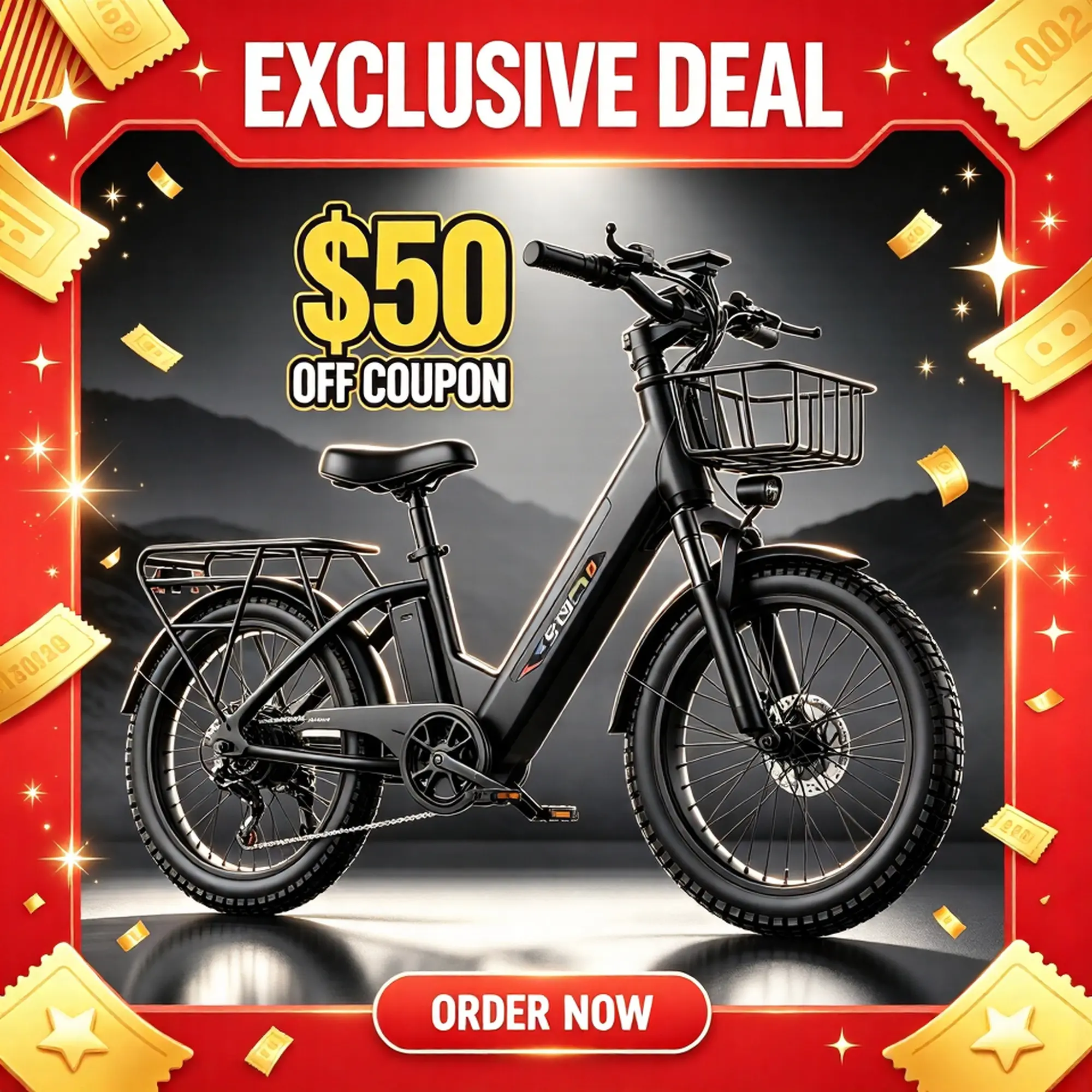 Fweork F29 Adult Electric Commuter & Mountain Bike for Commuting & Mountain Biking, 1500W Peak Motor, 26" Wheels, Front Basket, Rear Rack, 28MPH Max Speed, 65 Mi Range, 48V 10Ah Removable Battery