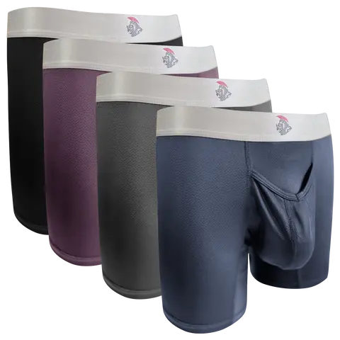 Nylon Mesh 7in Boxer Briefs V Fly 4pk Black/Denim/Gunmetal/Wineberry Menswear MENS UNDERWEAR Plain man travel breathable Undergarments Activewear Athletic Sport Multicolor Sportswear Sports Clothes, Workout, Spandex, Fabric
