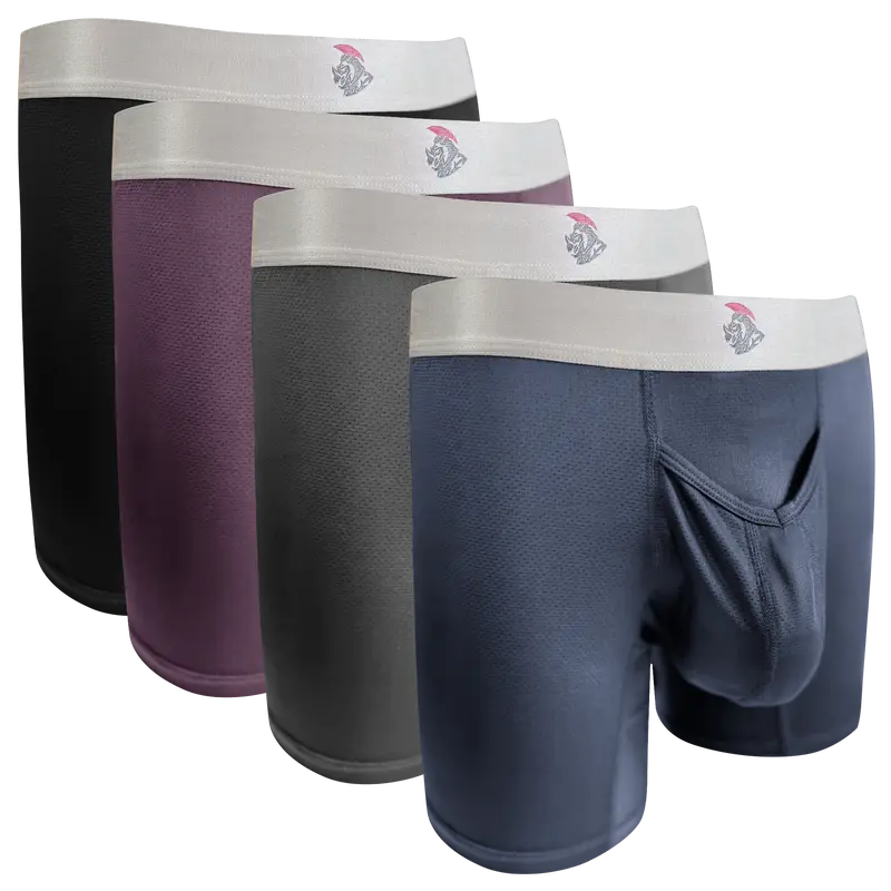 Nylon Mesh 7in Boxer Briefs V Fly 4pk Black/Denim/Gunmetal/Wineberry Menswear MENS UNDERWEAR Plain man travel breathable Undergarments Activewear Athletic Sport Multicolor Sportswear Sports Clothes, Workout, Spandex, Fabric