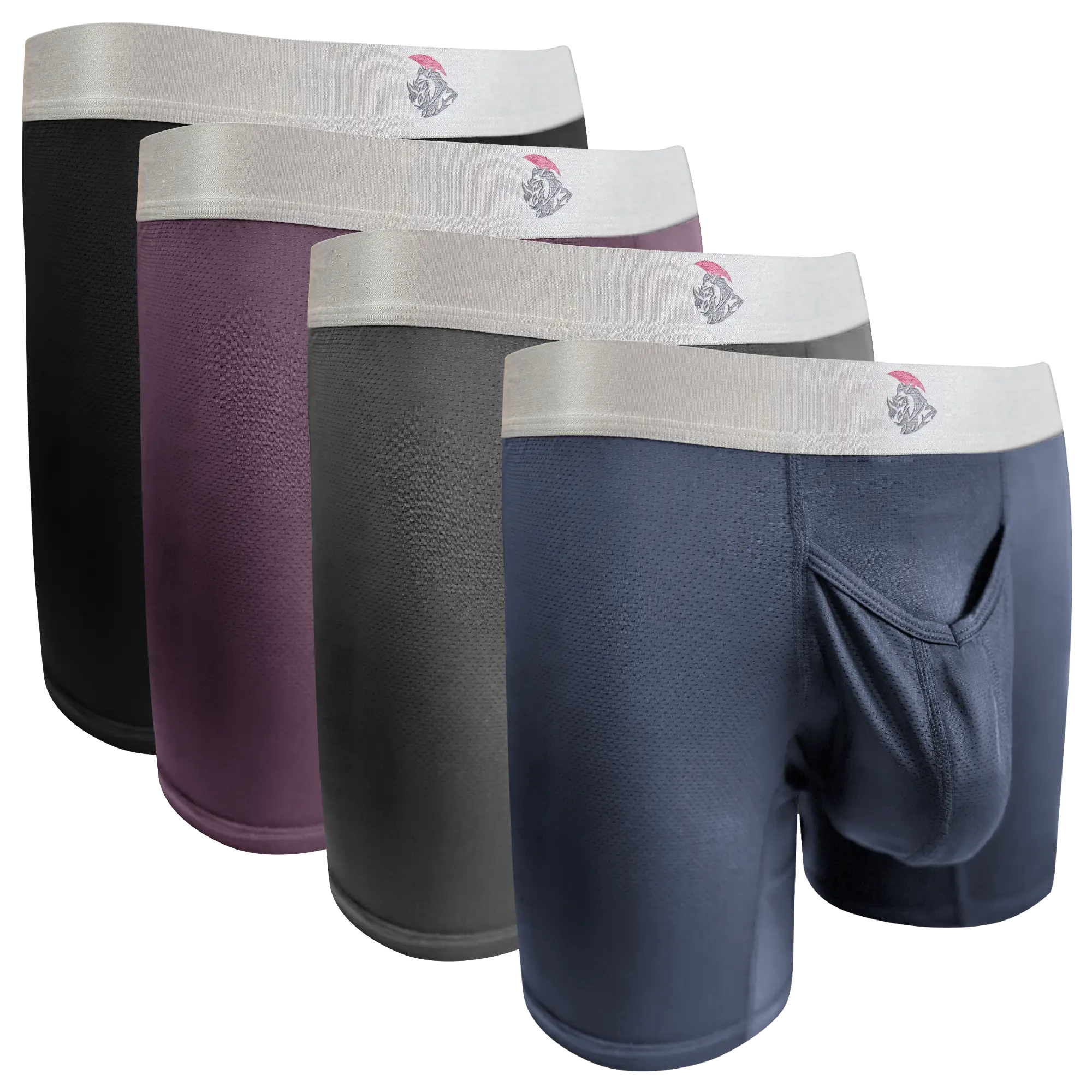 Nylon Mesh 7in Boxer Briefs V Fly 4pk Black/Denim/Gunmetal/Wineberry Menswear MENS UNDERWEAR Plain man travel breathable Undergarments Activewear Athl