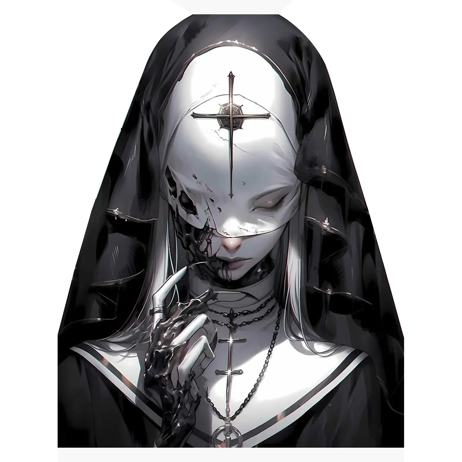 Dark Fantasy Nun Sticker, Half-Masked Gothic Art with Metallic Details & Cross Chains, Mysterious Aesthetic for Laptop, Journal, Bottle Decor