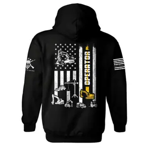 Operator Hoodie for Men – Excavator, Crane & Dozer Machinery American Flag Graphic Sweatshirt, Construction Worker Gift, Blue Collar Workwear Style, Durable Unisex Heavy Equipment Hoodie