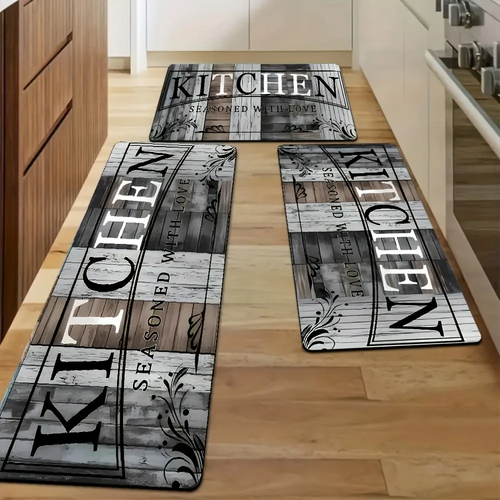 2PCS Dirt-resistant diatom mud kitchen floor mat, gray wood board pattern long strip mat, water and oil absorption, anti-slip, machine washable, suitable for bathrooms, laundries, corridors, and home decoration carpets