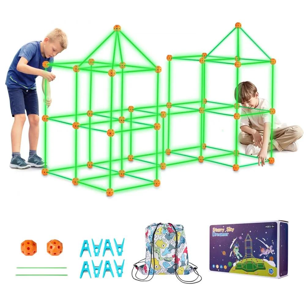 Fort Building Kit for Kids, 140PCS Glow in The Dark STEM Building Toys, Educational Gift for 4 5 6 7 8+ Year Old Boys & Girls Indoor Outdoor Play Tent Construction Toys with 96 Rods and 44 Balls