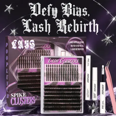 Pooplunch Spiky Wet Eyelash Extension Kit - 10-18mm Individual Cluster Set with Lash Map, Bond & Seal, Glamorous Cosmetic False Eyelashes & Adhesives for Adults