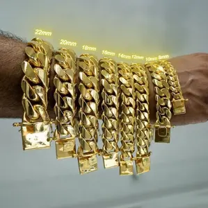 14K Gold Vacuum Plated Stainless Steel Chain & Copper Deployment Clasp Miami Cuban Link Chain Italy Mexico & Micro Inspired Unisex Hip Hop 8-22mm Bracelet for Men & Women Jewelry,Daily Wear,Casual Fashion,Gift Idea,Chicano Style,Weighty Feel,Stackable