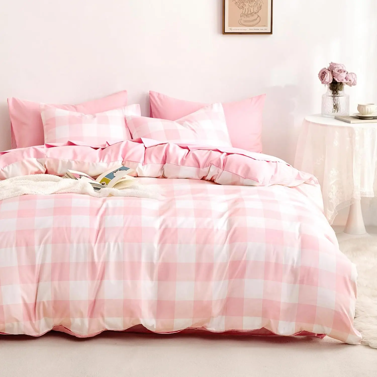 - Gingham Duvet Cover Set, Checker Check Cute for Teen Boys Girls, Soft Lightweight Dorm Bedding, 3-Piece, Light Pink White, Twin/Twin XL Size