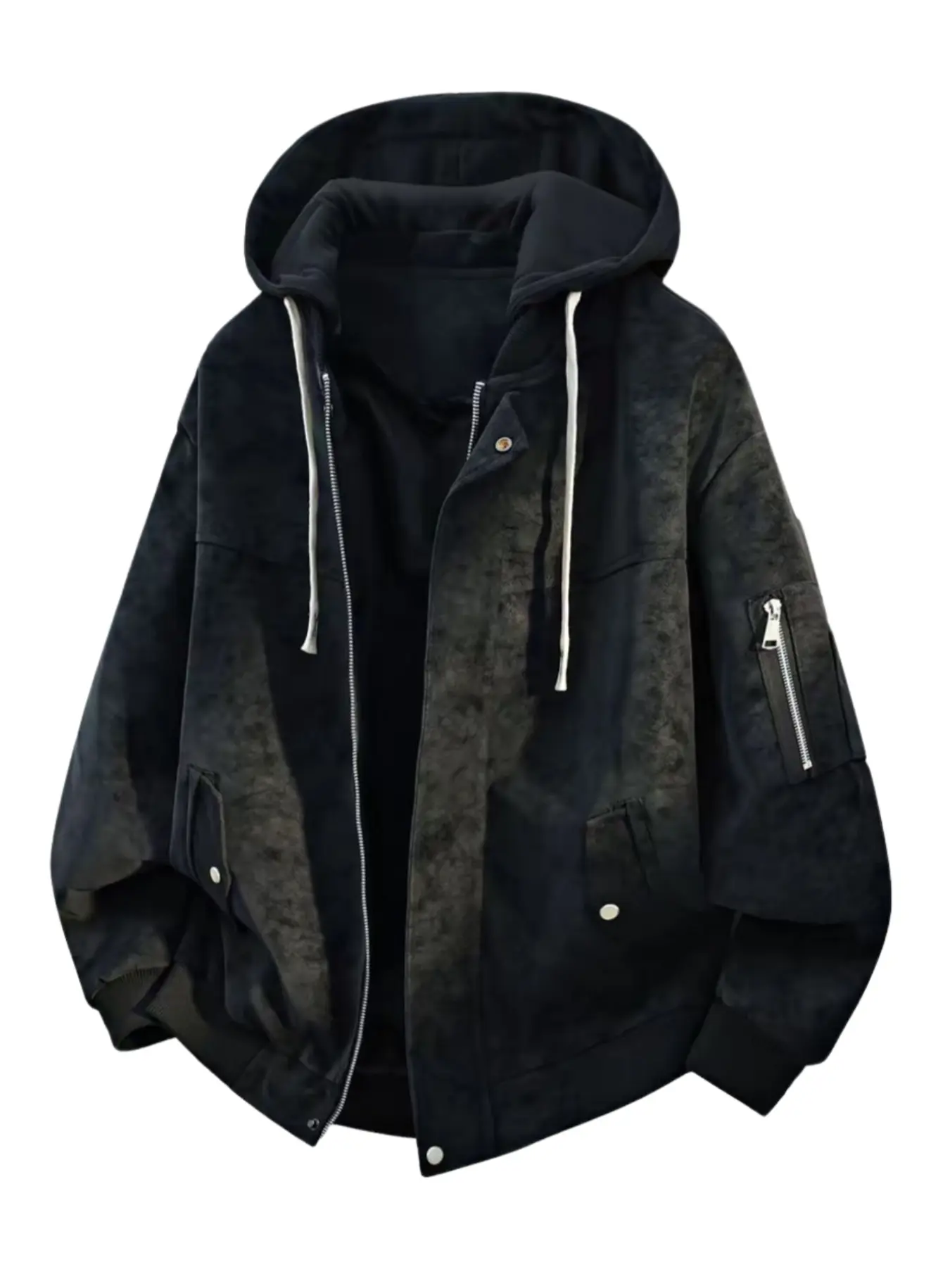 Vintage Suede Hooded Jacket, American Street Style Streetwear Loose Fit Casual Coat Outerwear, Fall & Winter Fashion Essential, Casual Streetwear Essentials, Long Sleeve Colorblock Design, Menswear, Fitted