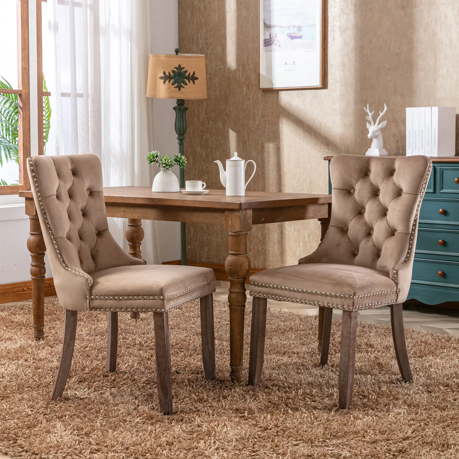SummerVibes Nikki Collection 2-Pcs High-End Modern Decorative High-Back Dining Chairs - Tufted Velvet Upholstered, Solid Wood Legs, Nailhead Luxury Rivet Trim Detail, Steel-Spring Seat, Adjustable Height Legs, Contemporary Indoor Dining Room Furniture