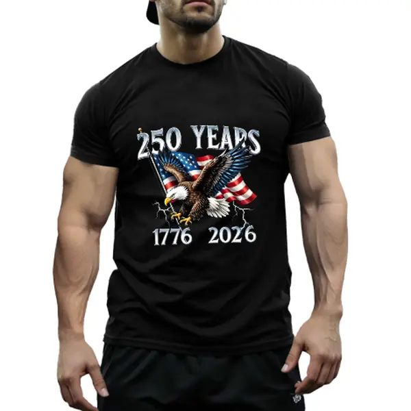 100% Men's Round Neck T-Shirt with Eagle Pattern| 250 Years 1776- 2026 United States Flag Design, Ideal for Thanksgiving, Christmas, Summer, and Casual Attire, Men's Casual Comfortable T-Shirt
