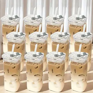 Collection of 12 Glasses, Square-Shaped Drinking Vessels with Lids And Straws, Capable of Withstanding Heat And High Temperatures, Ideal for Homemade Beverages, Suitable for Kitchen Use, And Can Be Used As Mugs