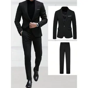 Men's High-End New Suit Set 2-Piece Black Polyester Suit Pants Fashion Wedding Banquet Party Menswear Long Sleeve Jacket Menswear Jacket Polyester Fabric Workwear Wetsuit Black
