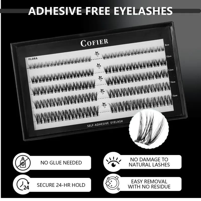 COFIER [Natural-as-Ever] No Glue Self-Adhesive Individual False Lashes Kit, Assorted 8-14 mm (80/100 Pcs) with Tweezers, Quick Natural Makeover for DIY Lash Makeup (Beauty & Personal Care Assorted False Eyelashes & Adhesives)