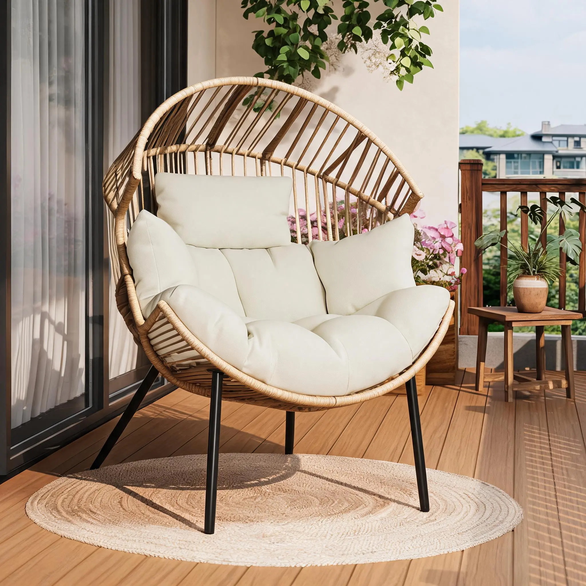 Oversized Patio Egg Chair Cozy Ergonomic Wicker Rocker with Plush Pillow and Thick Cream Cushion for Indoor Outdoor Garden Bedroom Backyard Lounge Handwoven Rattan Hanging Basket, Outside Chair, Outdoor Rocking Chairs
