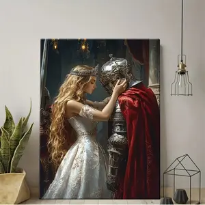 2D Flat, 1pc Framed Canvas Wall Art - Enchanting Princess in White Dress & Knight in Armor Medieval Romance, Art Deco Style Premium Canvas Print, Ready-to-Hang Home Decor for Bedroom, Living Room, Office, Romantic Artwork |   Timeless Wall Art |   Hi