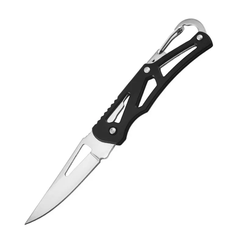 Ultra-light EDC folding pocket knife with a carabiner clip, hollow stainless steel handle, lockback mechanism, portable tool knife suitable for camping, hiking, and everyday cutting.