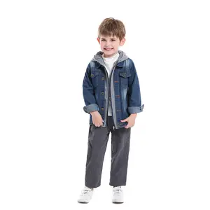 Kid boys jean jacket hooded denim casual zipper outerwear coat 100cm-150cm