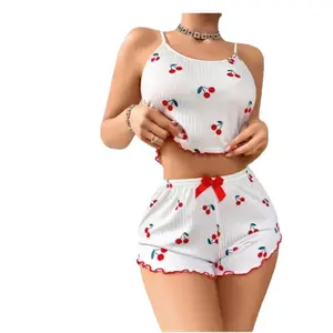 Cherry Bliss Ribbed Lounge Set 2-Piece Cute Set with Cherry Print and Red Bow Detail for Women Pajama Womenswear Loungewear Homewear Nightwear Pjs
