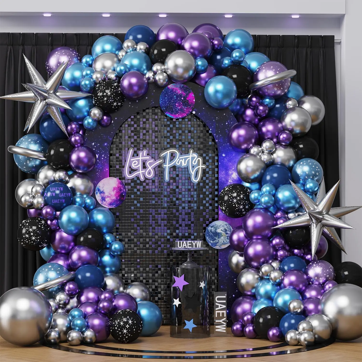 Galaxy Space Balloon Arch Kit, 144PCS Metallic Blue, Purple, Silver for Space Themed Party Decoration