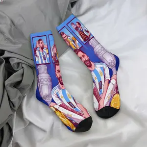 Mid-calf socks, Messi football trophy design, celebrity merchandise, durable socks, unisex socks, perfect for fans, holiday gifts, birthday presents.