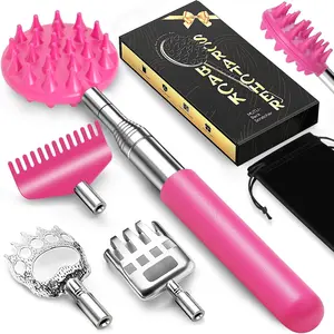 TUKUOS Telescoping Back Scratcher with 5 Detachable Scratching Heads, Rubber Handles, Anniversary Birthday Gifts for Men Women Pink Back Scratcher for Men/Dad/Women/Adults