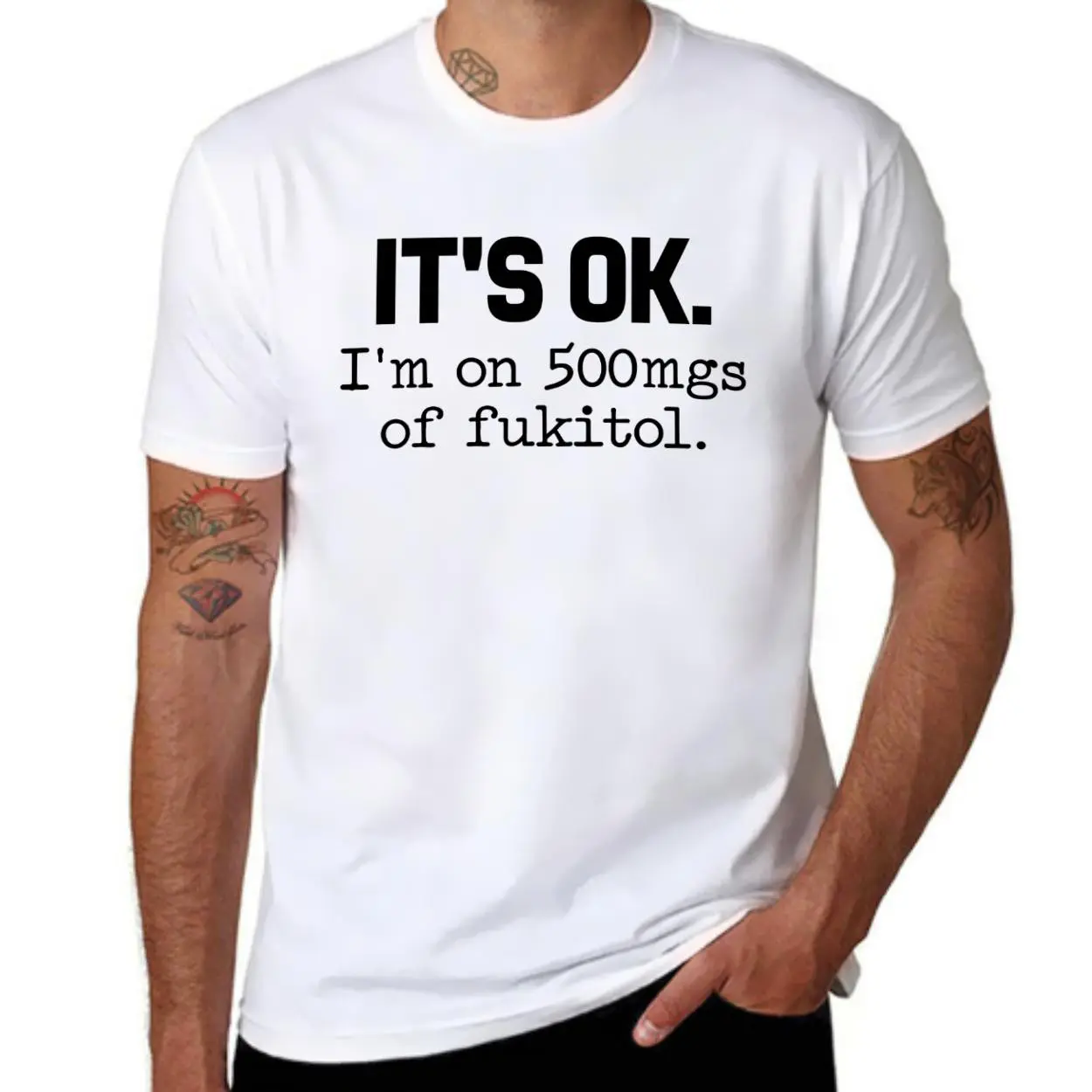Men's "It's Ok I'm On Fukitol" Bold Humor Tee, Casual Short-Sleeve Round Neck Menswear Top, Lightweight Regular Fit for Sports & Daily Wear, Easter Apparel