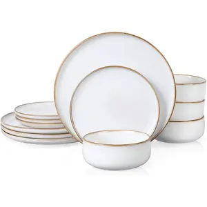 Plates and Bowls Set for 4, 12-Piece Stoneware Dinnerware Sets, Reactive Glaze Dinning Ware Dishes Set, Microwave & Dishwasher Safe - Seashell White