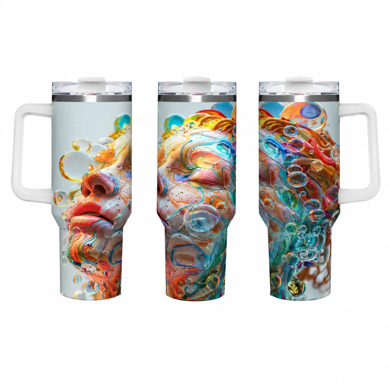 40oz Capacity Insulated Stainless Steel Water Bottle Tumbler for Adults, Double-Wall Leakproof, Handle & Straw, Stylish Printed Full-Wrap Design, Fluid Swirl Bubble Abstract Human Face, Supports Psychedelic Art for Psychedelic Art Lovers Daily Hydration,