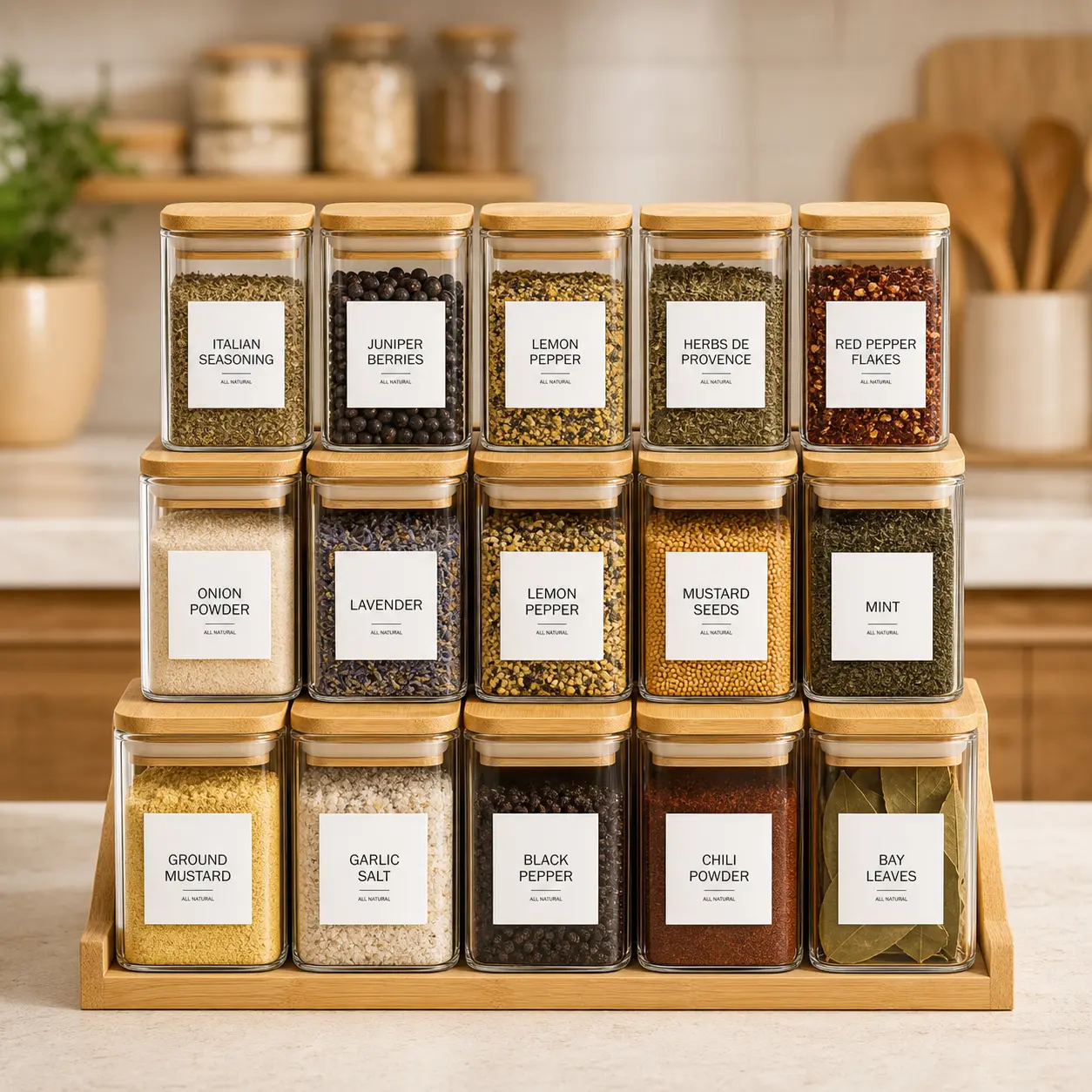 8 oz Square Airtight Spice Jars with Bamboo Lids and Labels - 12/18/24pcs Kitchen Pantry Storage Containers with Natural Look