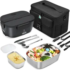 Heated Lunch Boxes For Adults,Efficient Electric Lunch Box Set with Removable 304 SS Container (1.5 L+ 0.45 L),Insulated Bags,Big Cutlery Set for 12v 24v 110v