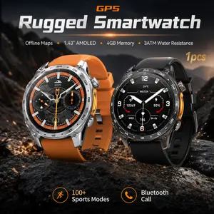 Outdoor GPS Smartwatch with Offline Maps, 1.43'' AMOLED Display, Bluetooth Calling Smart Watch, 3ATM Water Resistant Fitness Tracker with Heart Rate, Sleep Monitor, Compass, Altimeter, 4GB Memory