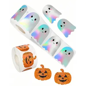 【Hot Selling】Halloween Pumpkin Ghost Stickers Roll, Waterproof Laser Self-Adhesive Paper, Party Envelope Scrapbook Decoration Supplies
