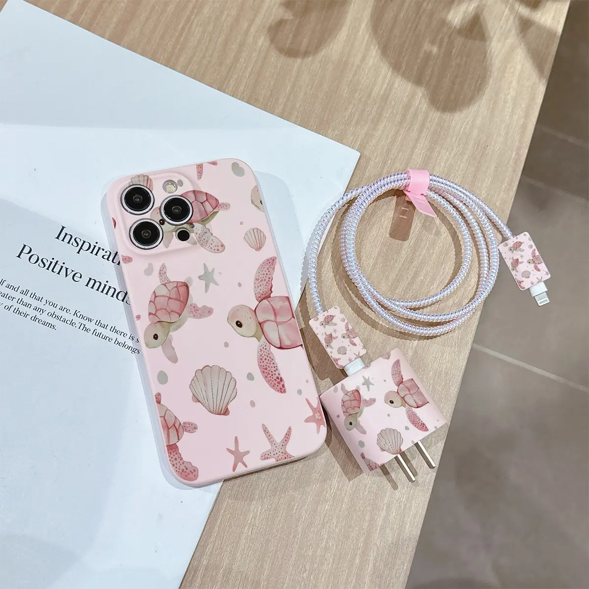 6 Piece Set Turtle Starfish Phone Case, Charger Headband, Cable Protector, Storage Rope, Data Line Wrap, Fits iPhone 11-16 Pro Max
