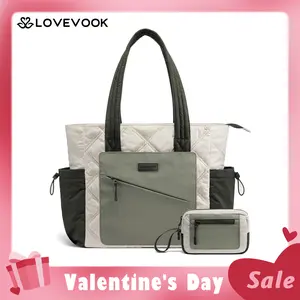 【Valentine's Day Gift】LOVEVOOK Laptop Tote Bag for Women, Large Quilted Puffer Tote bag with Four Cup Holders, Work and Travel Shoulder Bag, Lightweight Puffy bag, Nurse Handbag TikTokShopJumpstartSale