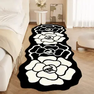 1pc French Cream Style Bedroom Bedside Plush Rug Black and White Floral Long Carpet Fluffy Soft Living Room Bay Window Carpet Light Luxury Lounge Non-slip Floor Mat Fluffy Rugs