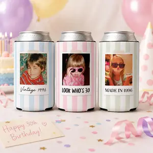 Personalized Childhood Photo Birthday Can Cooler, Custom Photo Drink Holder, 30th 40th Birthday Party Favor